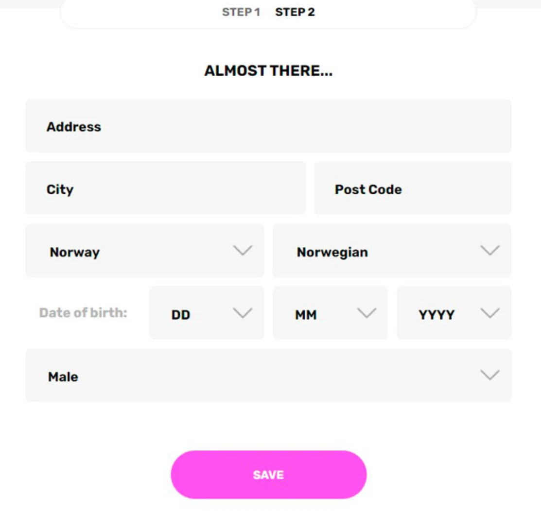 Neon Vegas Casino registration form step 2